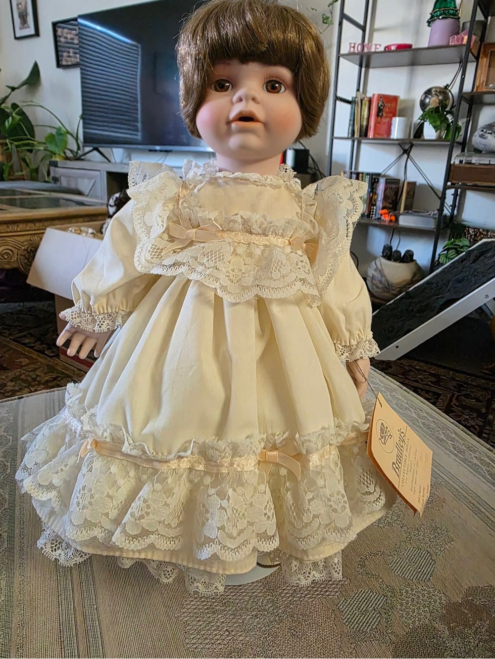 Collector Porcelain Doll in Cream Lace Dress - Classic Kids Toy